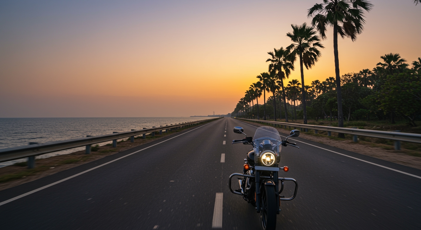 A modern cruiser motorcycle riding along a scenic coastal highway, possibly NH66, with the Arabian Sea sparkling on one side and palm trees lining the road on the other. A vibrant sunset colors the sky orange and pink, promising a relaxed and enjoyable ride. The scene is full of warmth and freedom, ideal for a memorable road trip.