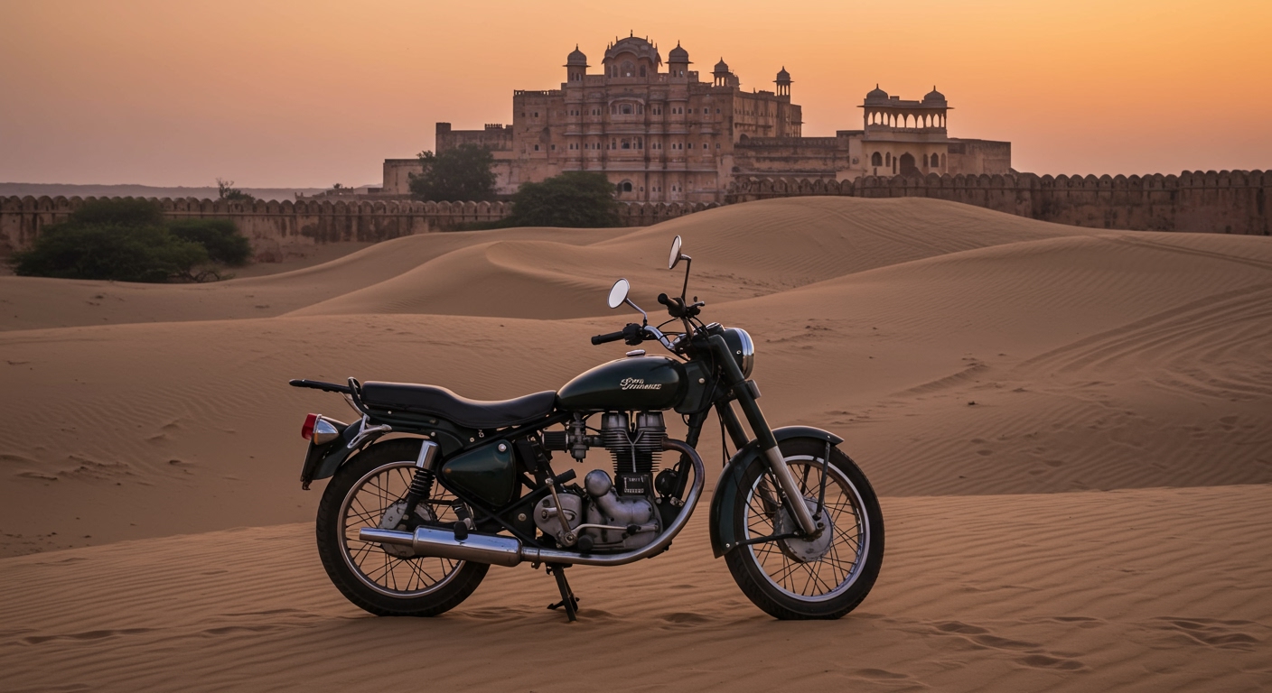A classic Indian motorcycle, possibly a Royal Enfield Bullet, parked on a sand dune in the Thar Desert. A traditional Rajasthani fort or palace is visible in the background, bathed in the warm glow of dusk. The sky is streaked with orange and purple hues. The scene evokes a sense of history, adventure, and cultural immersion.