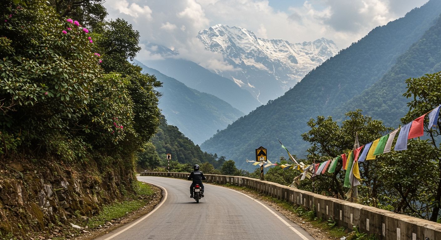 A motorcycle traversing a narrow, winding mountain road on the historic Old Silk Route in Sikkim. Lush rhododendron forests line the path, with dramatic views of snow-capped Eastern Himalayan peaks in the distance. Prayer flags flutter in the breeze, hinting at the region's spiritual essence. The atmosphere is mystical and challenging, ideal for an adventurous ride.