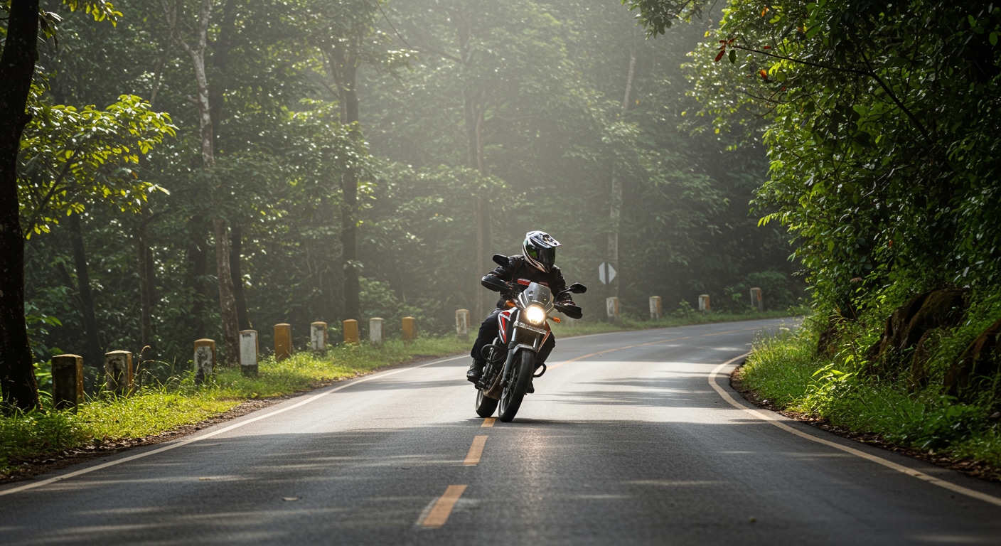 A motorcycle lean-angle shot on a perfectly paved, winding ghat road surrounded by dense, misty rainforests of the Western Ghats of India. The road surface is slightly wet, reflecting the lush green canopy and patches of sunlight. The air appears cool and fresh, ideal for spirited riding through nature's embrace.