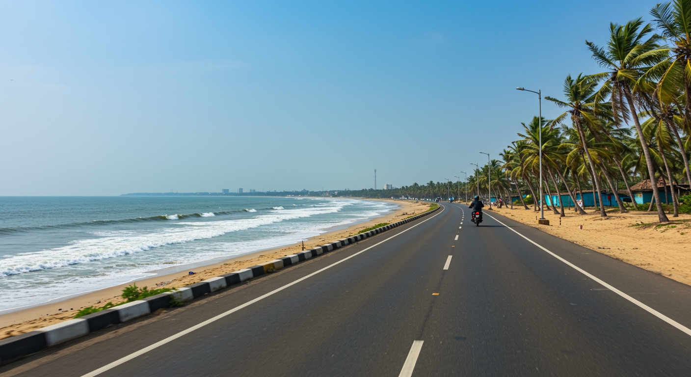 A motorcycle cruising effortlessly on the smooth East Coast Road (ECR) in South India. The Bay of Bengal stretches out on one side, with gentle waves crashing on sandy beaches under a bright blue sky. Casuarina trees and quaint fishing villages pass by in the background. The scene is clear, wide open, and invites a relaxed, scenic ride.