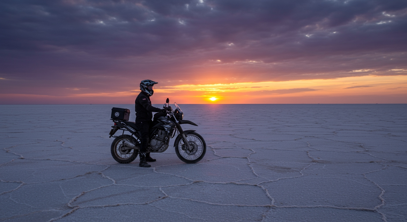 A motorcycle rider standing beside their bike in the vast, surreal white desert of the Rann of Kutch during sunset. The salt flats extend infinitely under a dramatic sky with a palette of rich orange, pink, and purple hues, creating a truly unique and breathtaking, otherworldly landscape.