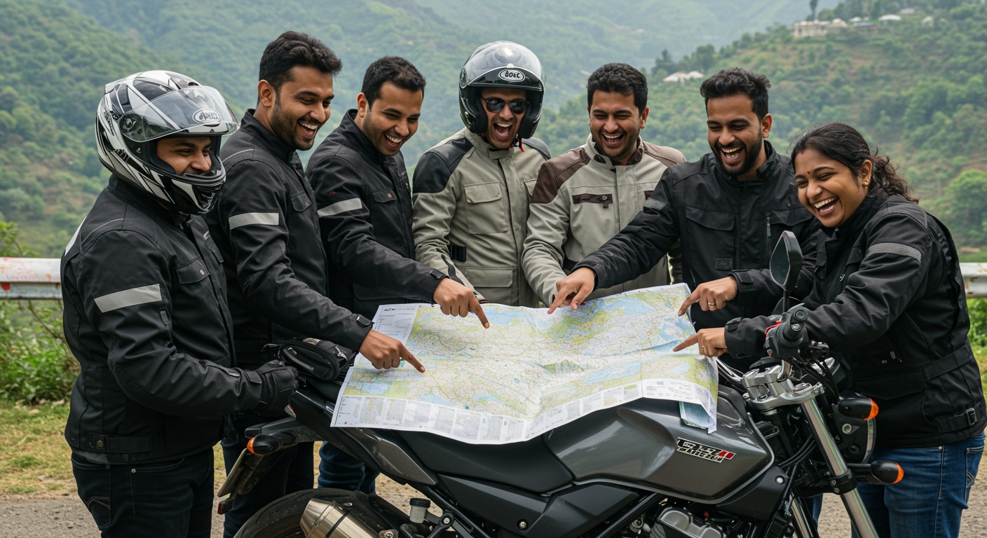A group of diverse Indian motorcyclists, geared up with helmets and riding jackets, gathered around their bikes, laughing and pointing at a map of India spread on the bike's tank. The background is a scenic Indian landscape, possibly a lush valley or a mountain pass. The image conveys camaraderie, excitement, and readiness for adventure, encouraging communal journeys.