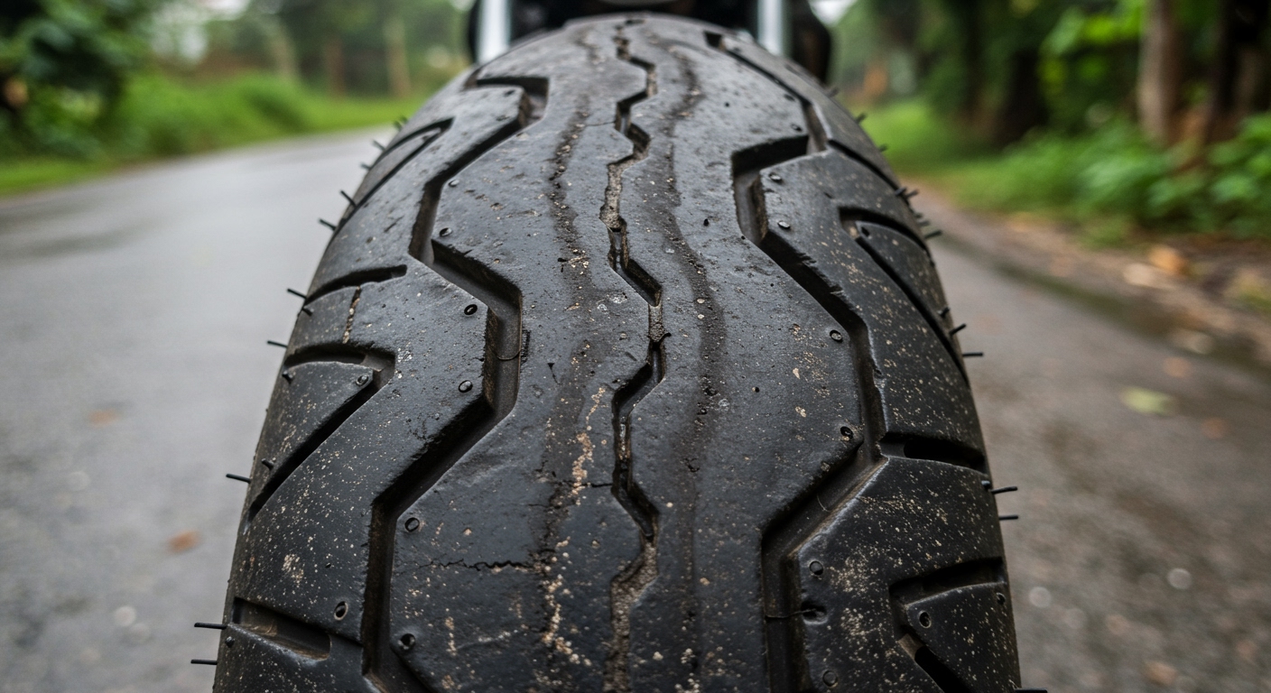 A close-up shot of a heavily worn motorcycle tire tread, showing visible bald spots and cracks, against a blurred background of an Indian road during monsoon, realistic photo, professional photography, high detail