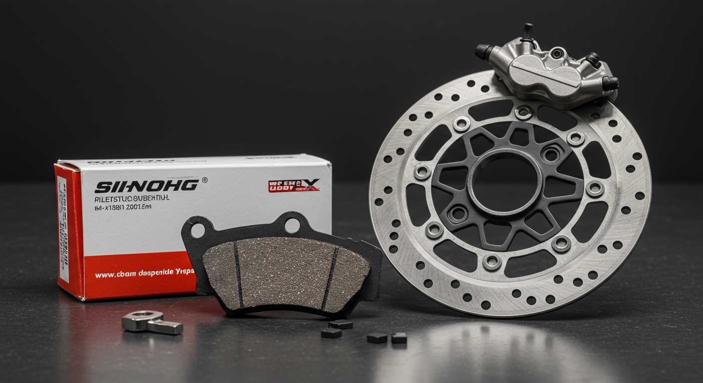 A brand new, unblemished motorcycle disc brake pad with its original packaging next to a gleaming new brake disc and caliper, on a clean mechanic's workbench, studio lighting, high resolution, realistic photo