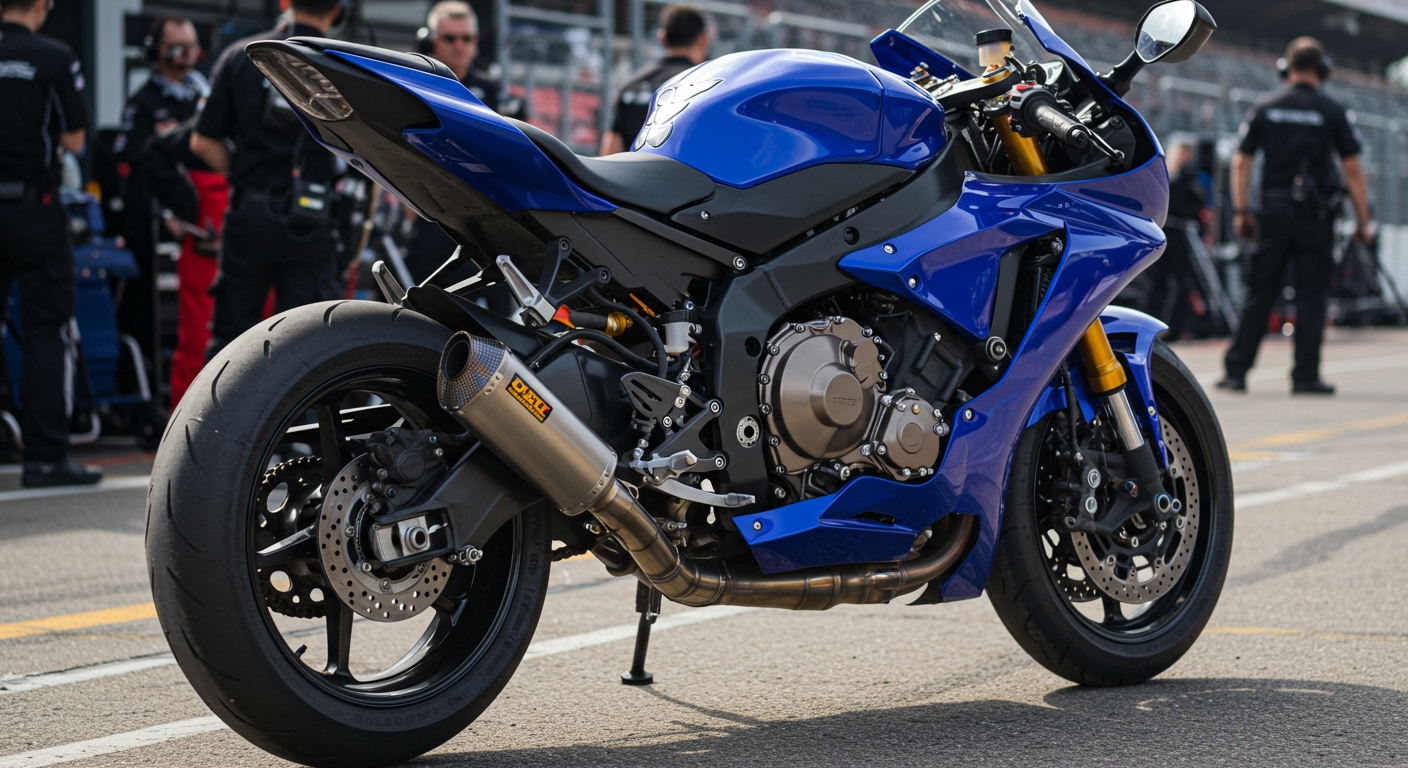 A sleek, shining sports motorcycle with an aftermarket titanium exhaust system visible, parked on a race track pit lane, professional automotive photography, dynamic lighting, high contrast, realistic