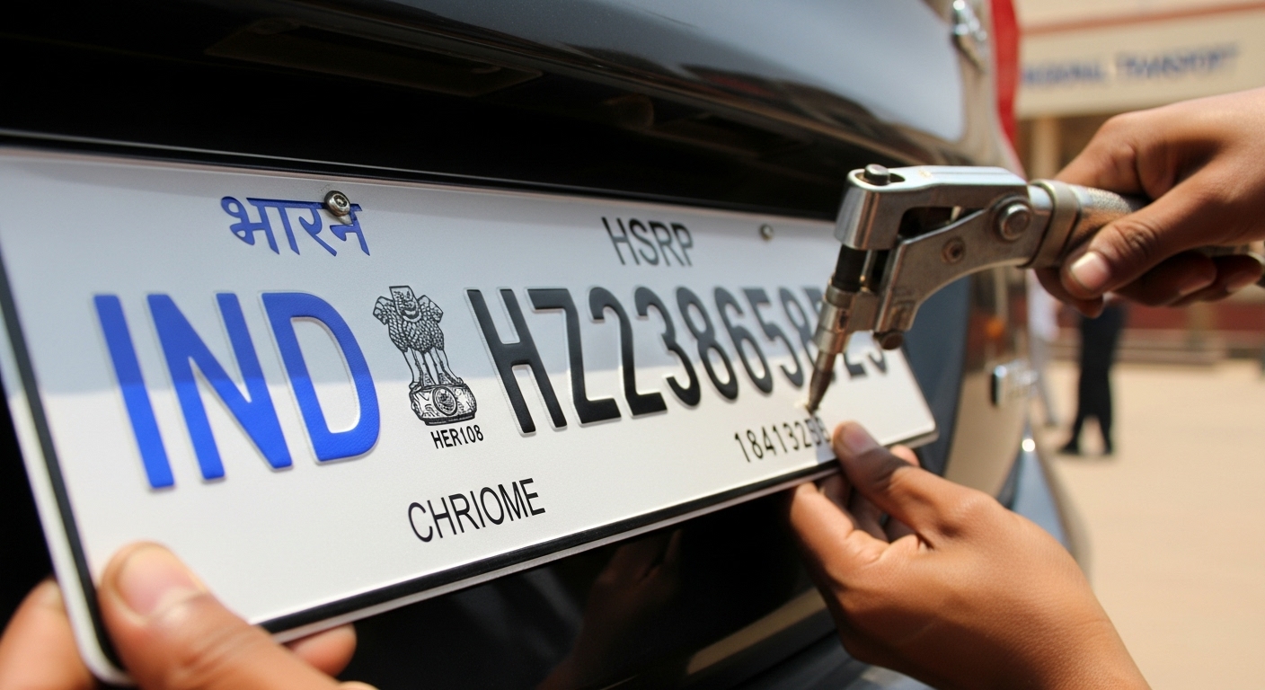 A close-up shot of a car's number plate being fixed, with a blurred RTO building in the background. Emphasises the completion of the registration process.