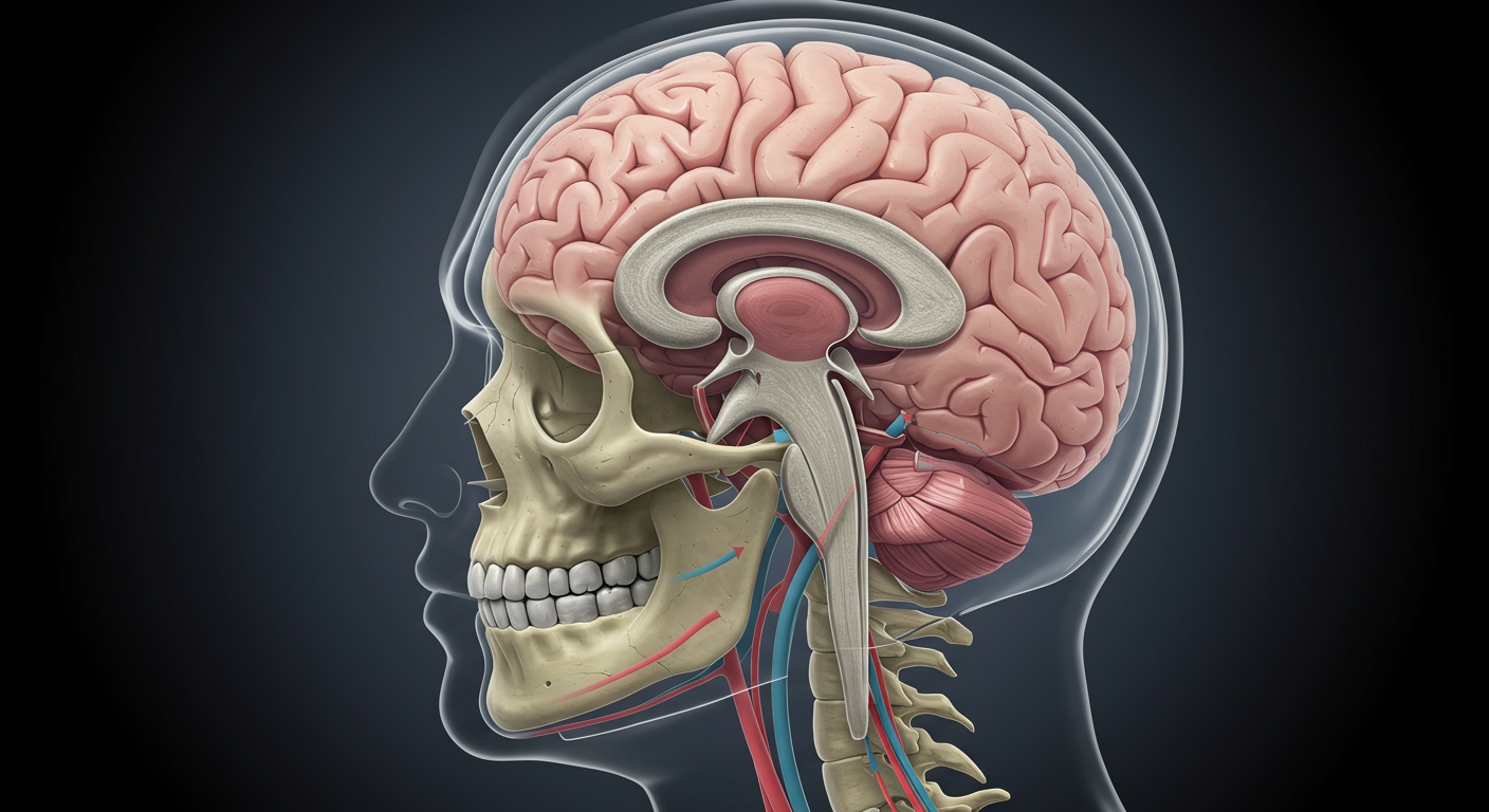 A highly graphic, anatomical illustration showing the internal structure of a human skull and brain, with an overlay demonstrating how a motorcycle helmet (transparent) absorbs and disperses impact forces, protecting the delicate brain tissue. Scientific, educational, precise lines, muted but clear colors.