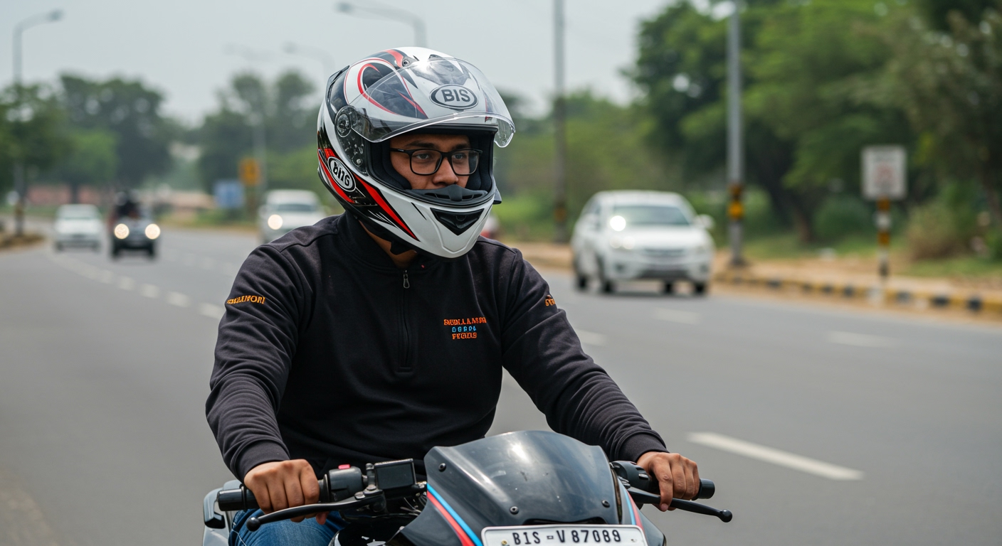 A confident young Indian motorcyclist, wearing a properly fitting, high-quality, BIS-certified full-face helmet. They are riding safely on a well-maintained Indian road, possibly a national highway, with moderate traffic in the background. The rider's posture is good, and the helmet is clearly sealed and protective, capturing responsible riding. Photorealistic, bright outdoor light, dynamic perspective.