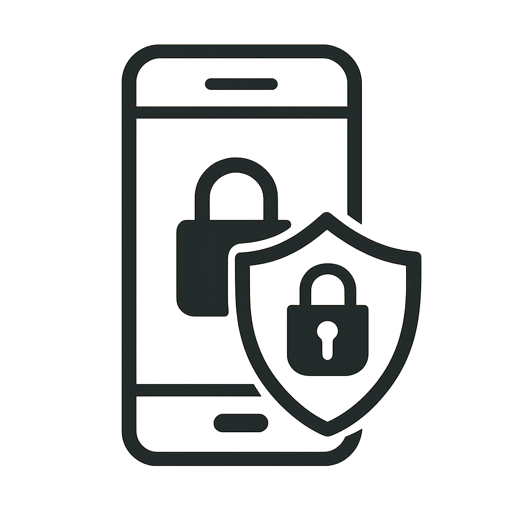 A simple, non-branded graphic showing a lock icon on a phone with a shield in front of it, symbolizing digital security