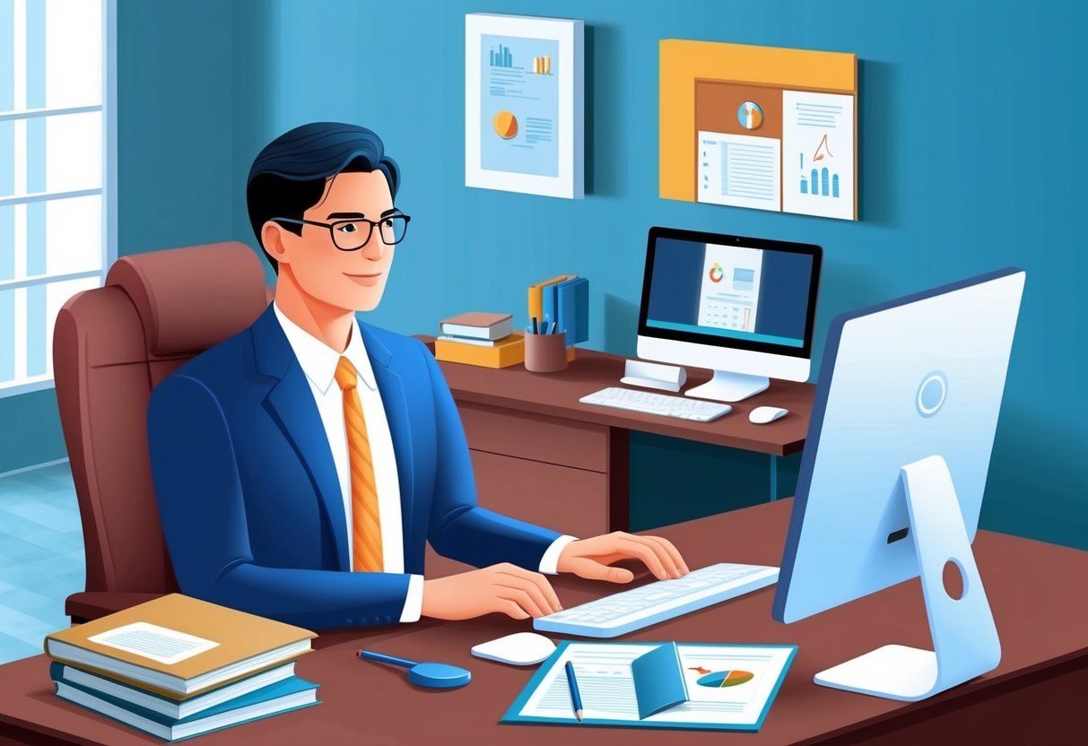 Modern lawyer working with advanced document analysis tool