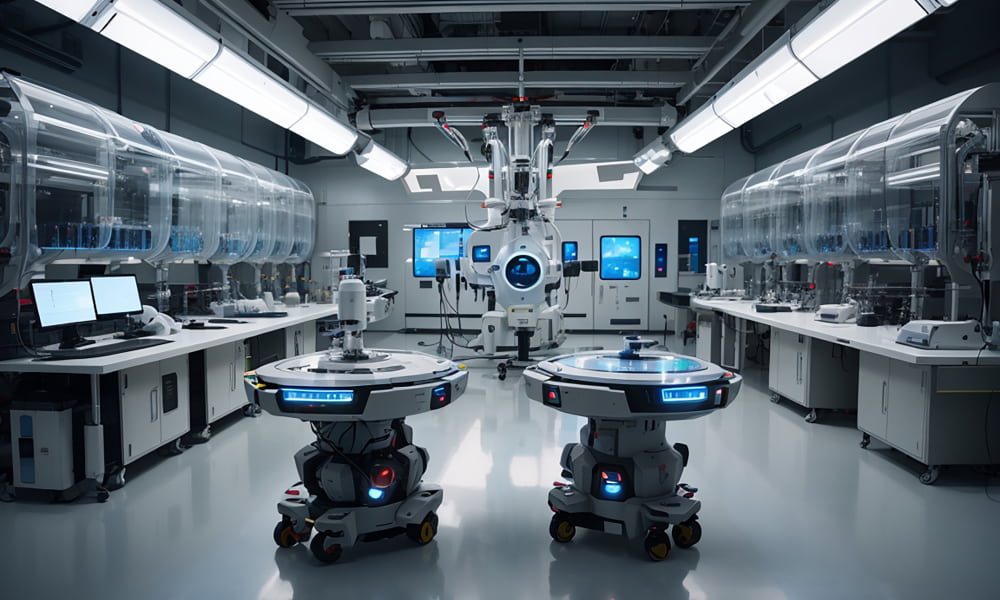 Autonomous AI researcher laboratory innovation futuristic workspace