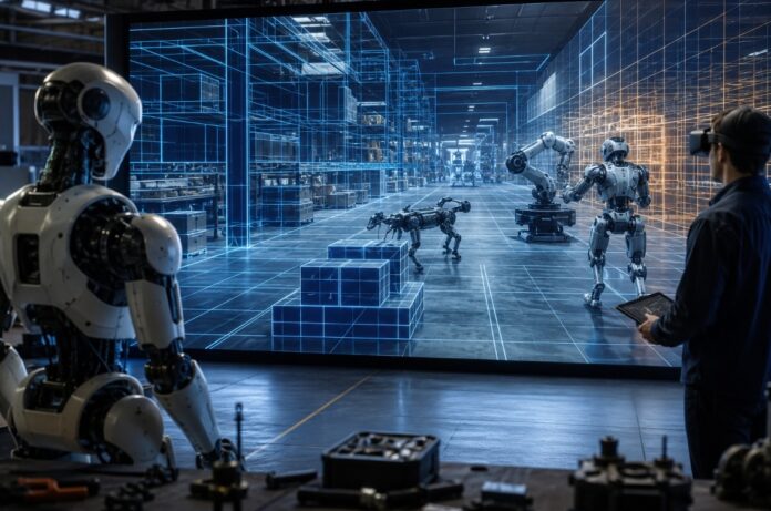 Futuristic autonomous AI research lab and neural network visualization