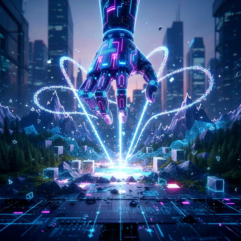 Futuristic cyber city with glowing AI energy streams