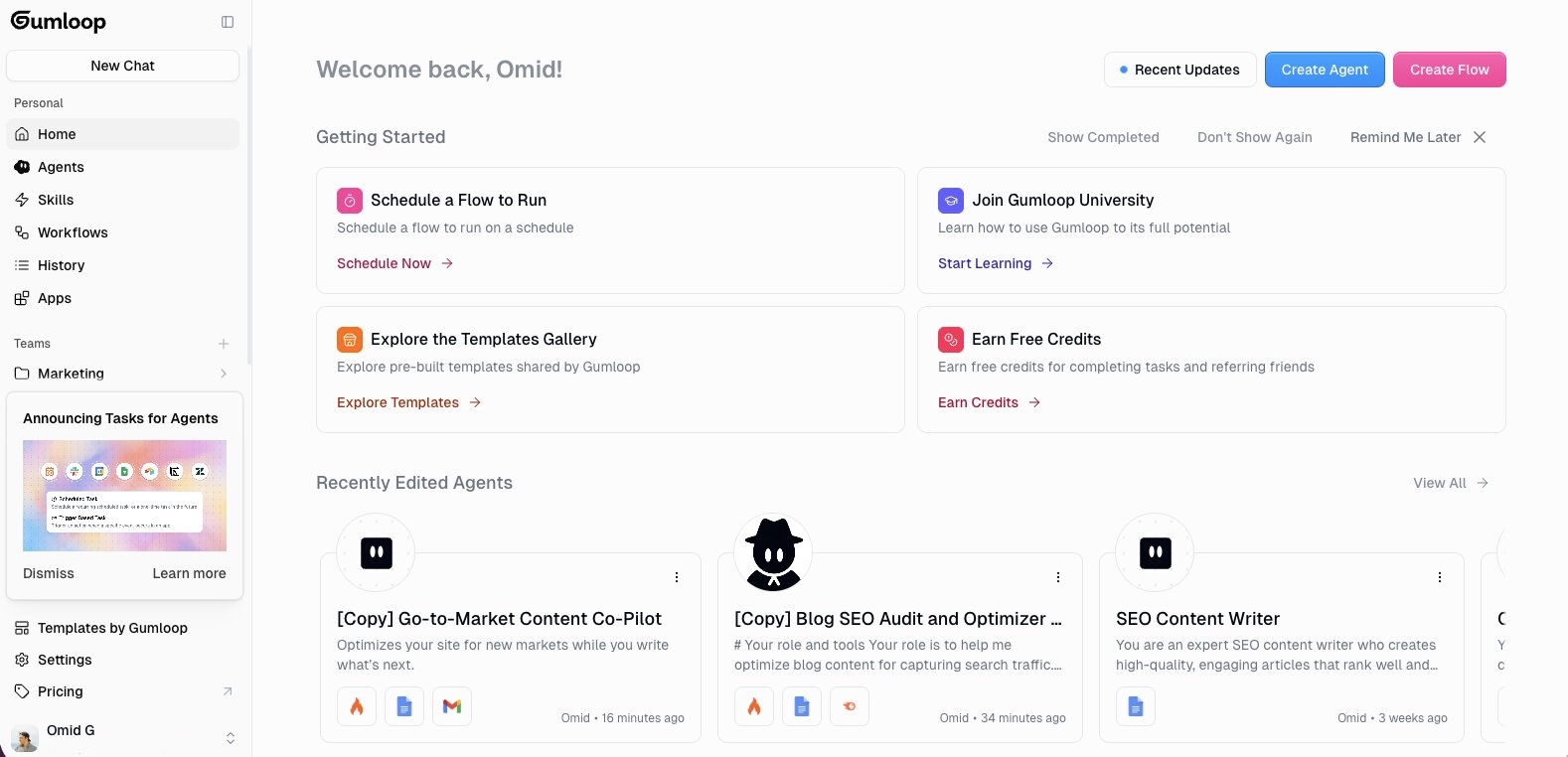 Gumloop AI agent builder SEO automation workflow dashboard