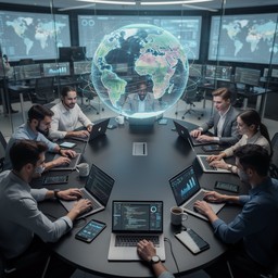 Global tech startup founders collaborating on futuristic AI architecture in a modern minimalist workspace
