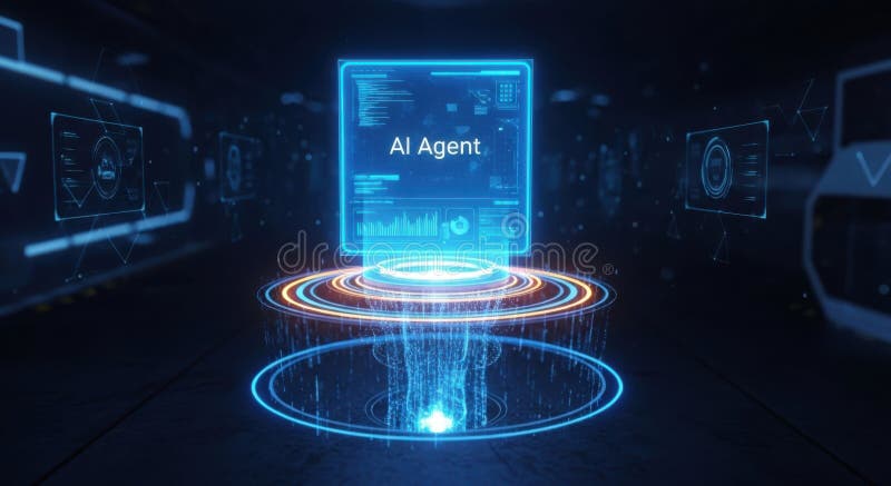 A brilliant autonomous digital agent interface glowing on holographic screens with data streams