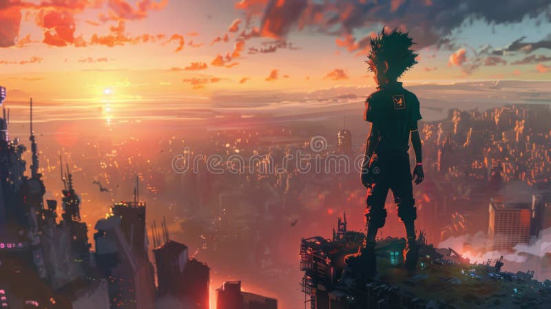 Ultron inspired anime character overlooking a vast futuristic digital cityscape