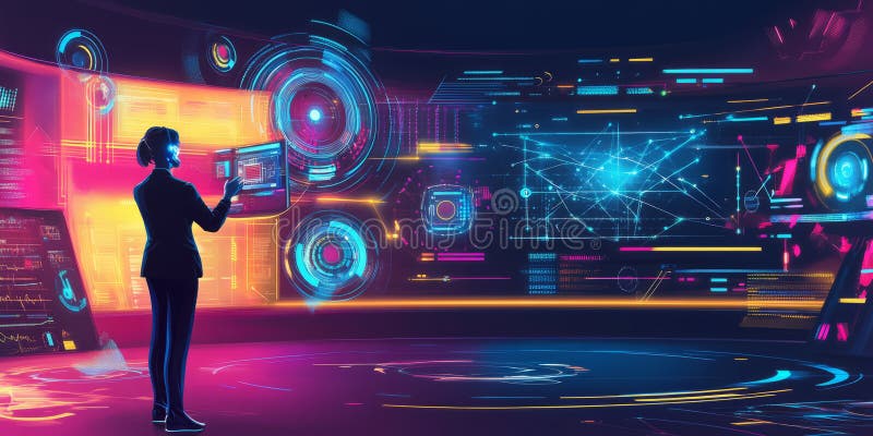 Collaborative workspace showing diverse AI agents and data nodes glowing with futuristic neon light