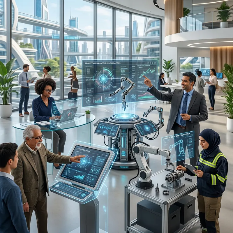 Global AI developers collaborating in a futuristic tech hub