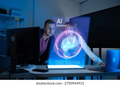 A brilliant AI creator presenting a glowing autonomous agent on a massive screen