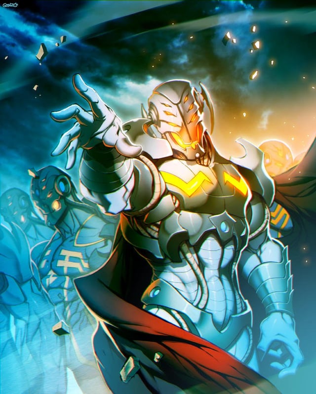 Marvel style Ultron character in a vibrant Japanese Isekai anime fantasy landscape