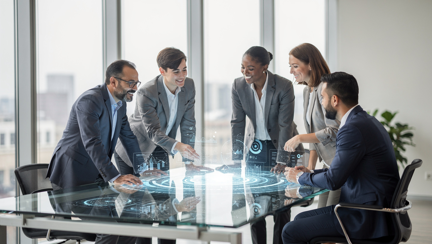 diverse group of advanced AI builders collaborating in a luminous digital space