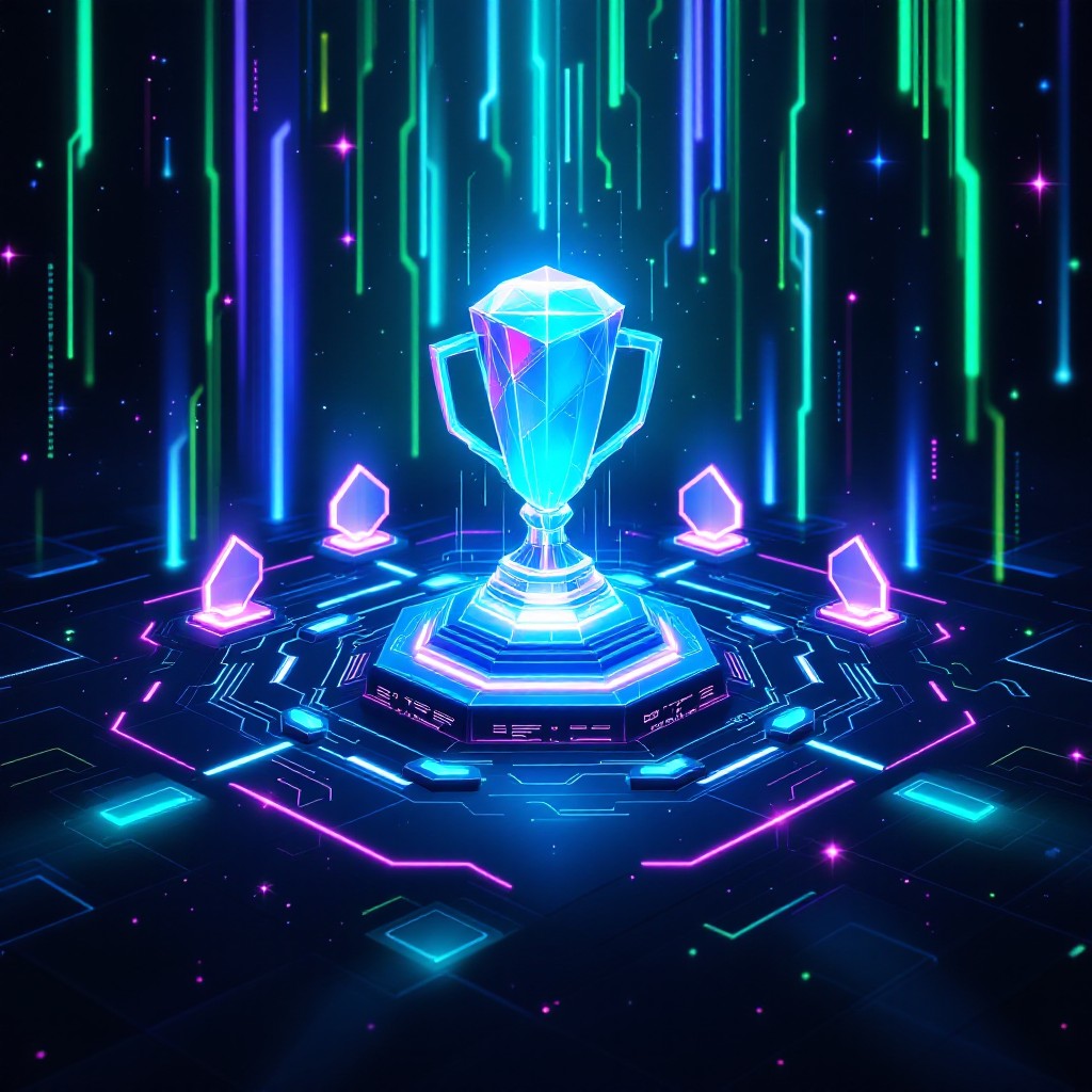 glowing futuristic trophy in a high tech digital arena leaderboard