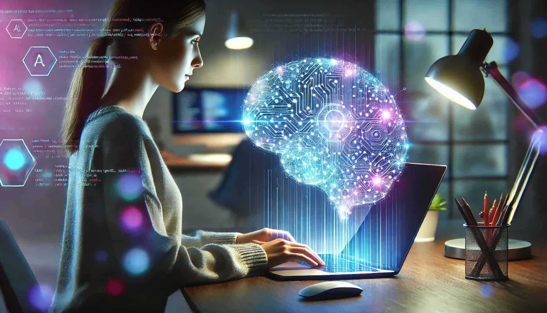 Artificial intelligence developer analyzing complex workflow and metrics on holographic screen