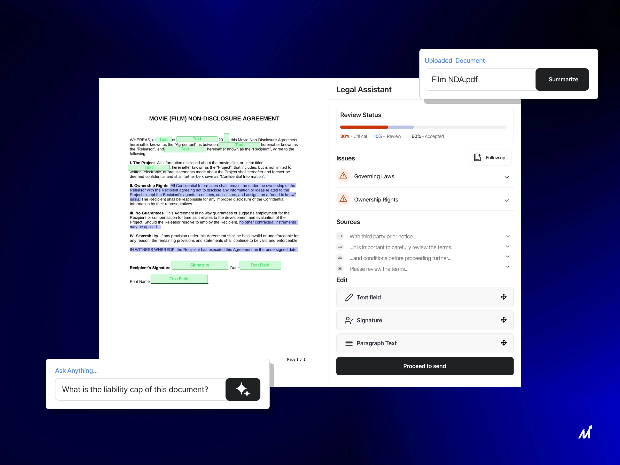 Legal document analysis and smart contract review platform