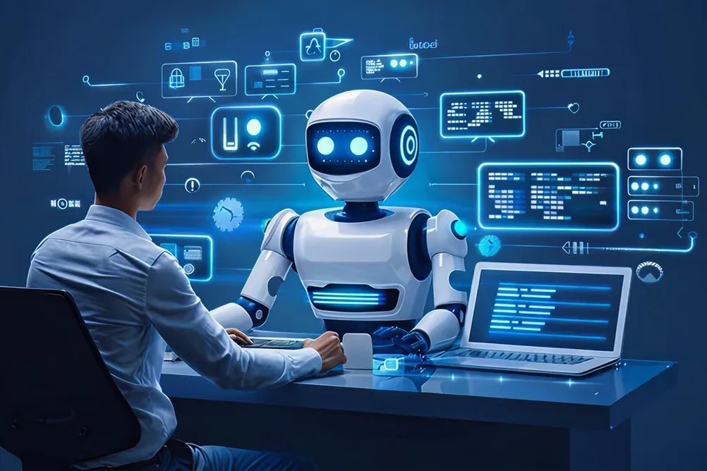 A developer testing an autonomous AI agent in a sleek, high-tech workspace environment