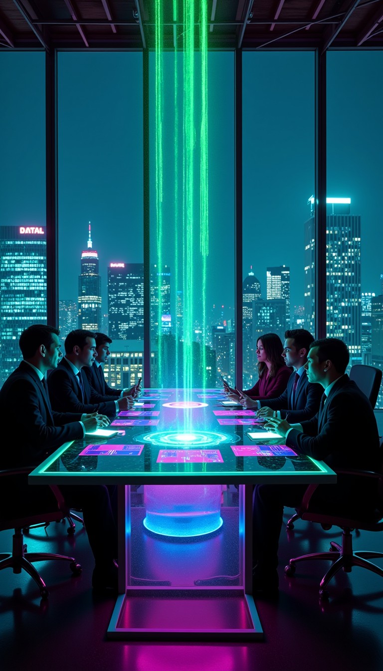 A brilliant autonomous AI avatar glowing in a futuristic cyberpunk boardroom meeting
