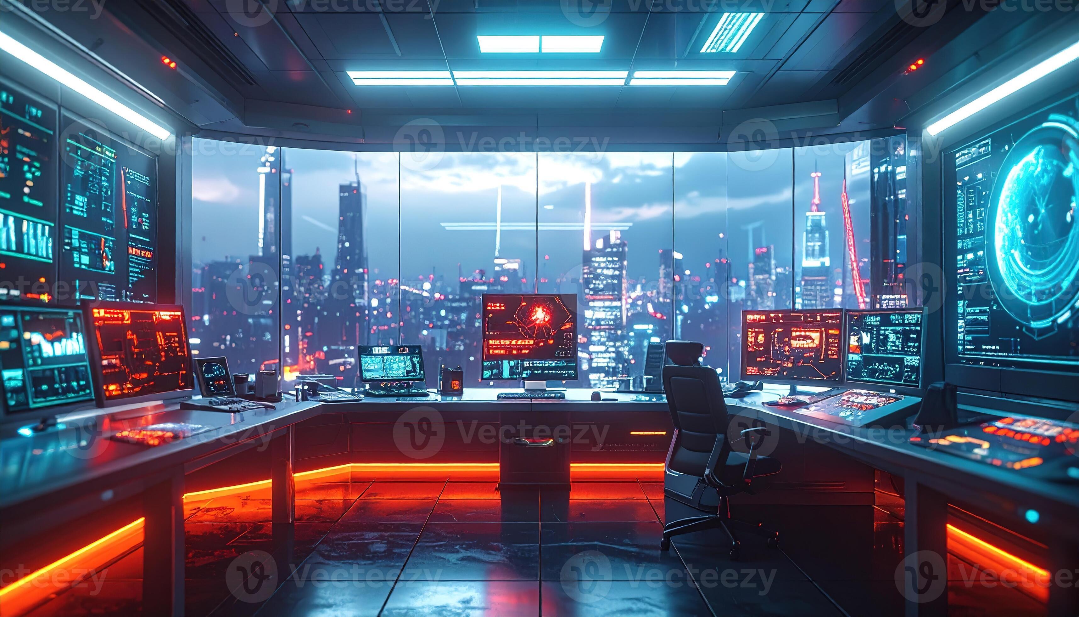 A futuristic startup office overlooking a neon-lit city, displaying global AI leaderboards on large screens