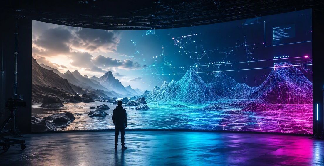 Global AI developers collaborating in a futuristic tech hub, cinematic lighting