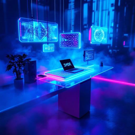 futuristic software development workspace with glowing holographic neural networks