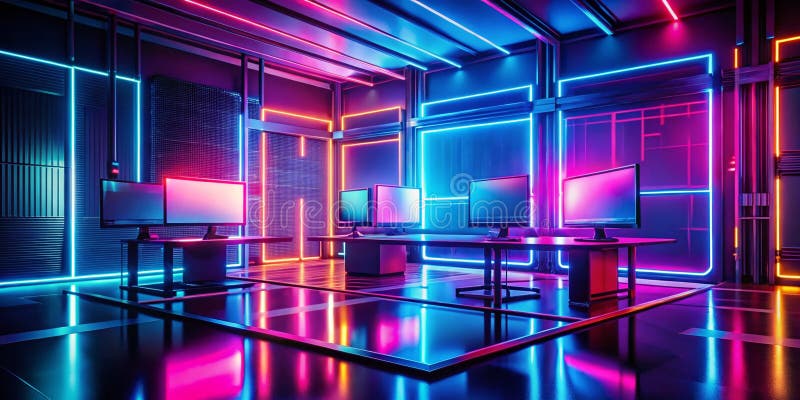 global tech showcase and modern digital leaderboards in a sleek neon environment