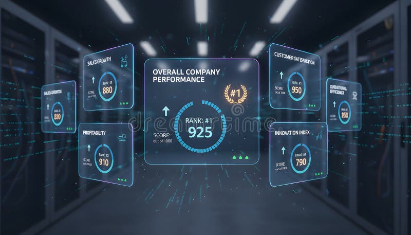 Sleek futuristic AI scoring dashboard displaying holographic performance metrics and analytics
