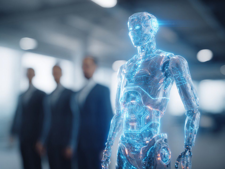 A brilliant engineer looking at a glowing holographic showcase projection of an autonomous AI agent