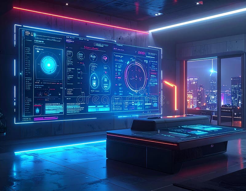 artificial intelligence developer analyzing futuristic data dashboard in cyberpunk office