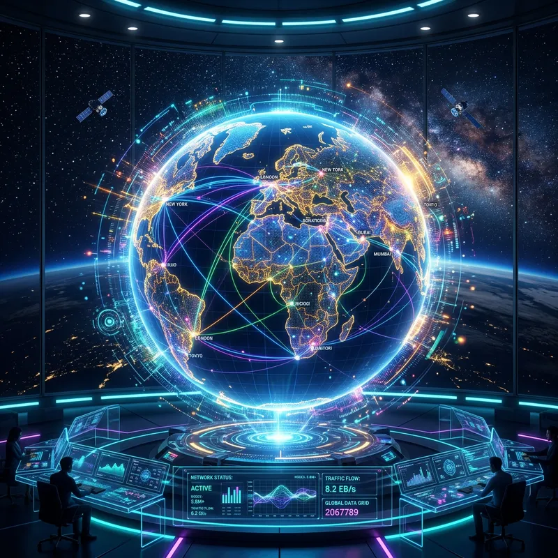 global digital network connecting futuristic ai agents across continents in glowing blue hues