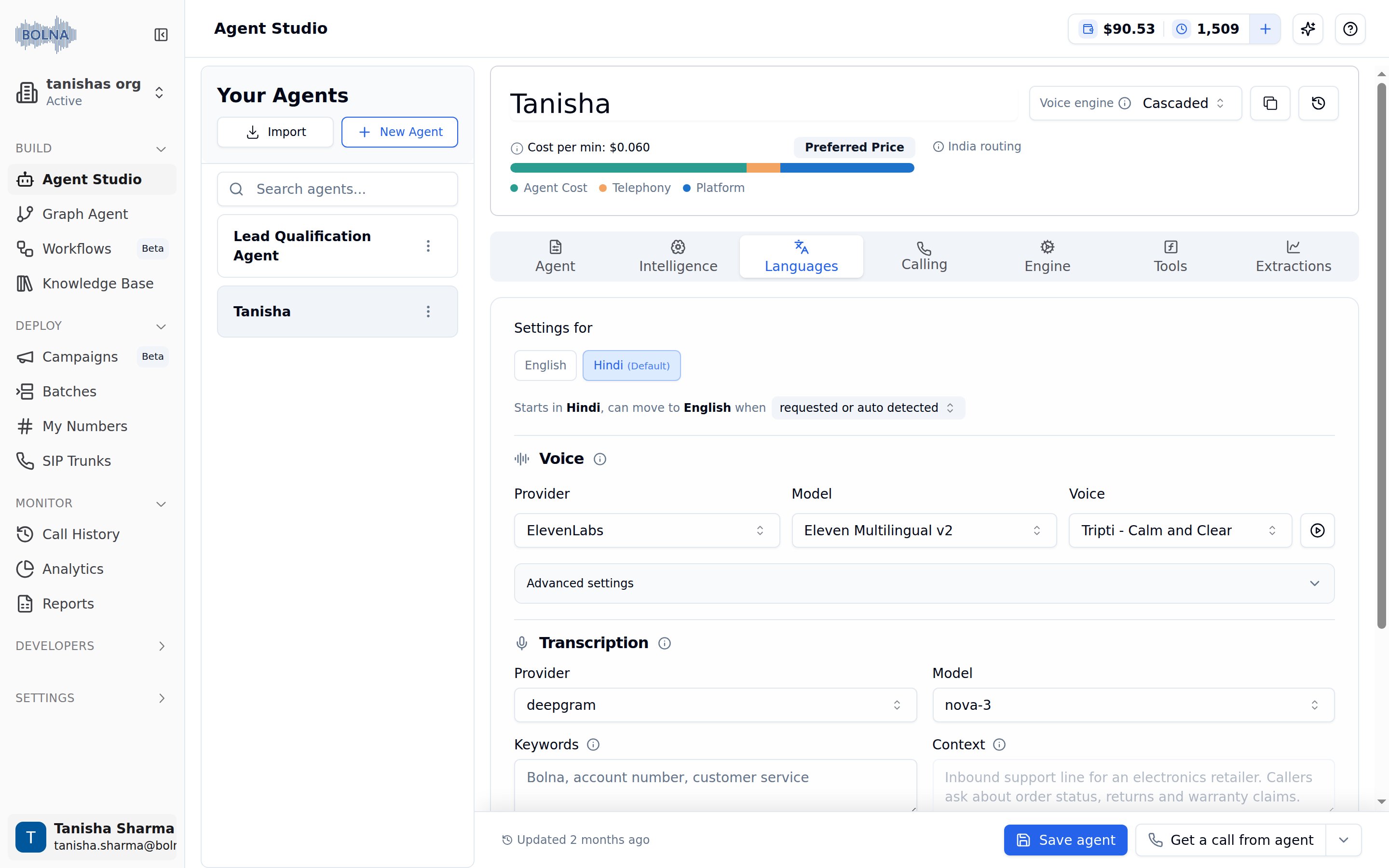 Bolna AI multilingual voice agents dashboard