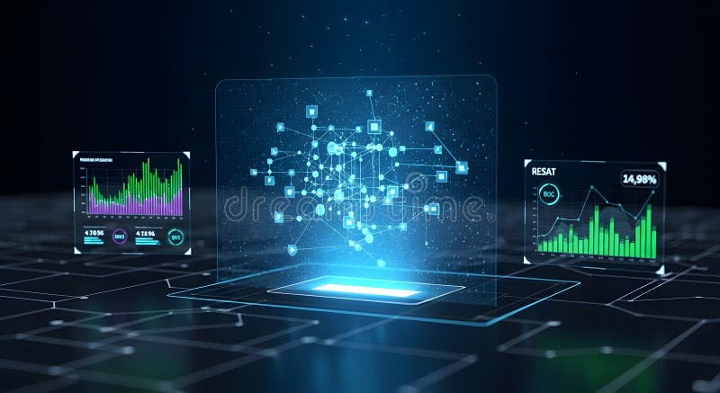 futuristic cyberspace interface displaying glowing analytical graphs and software architecture nodes