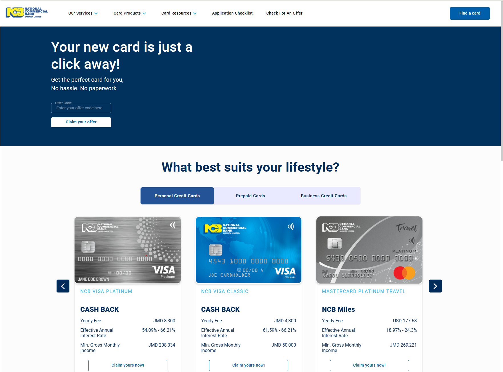 NCB Credit Card Application Portal Screenshot
