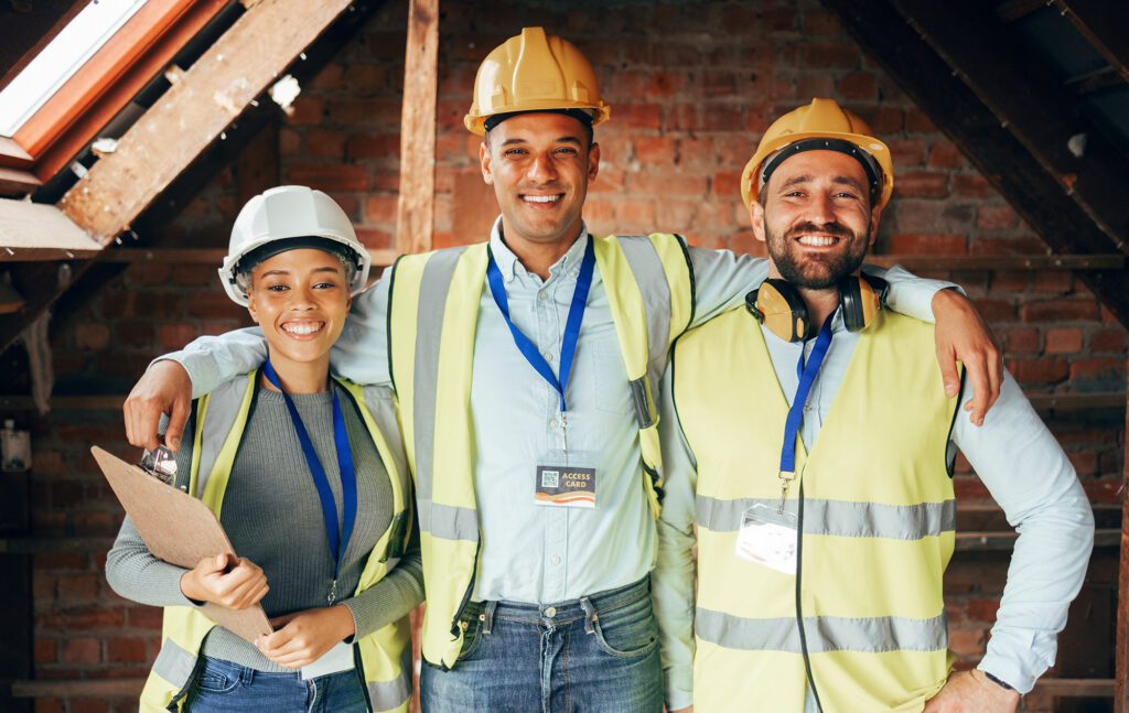 Happy workers choosing a career in construction.