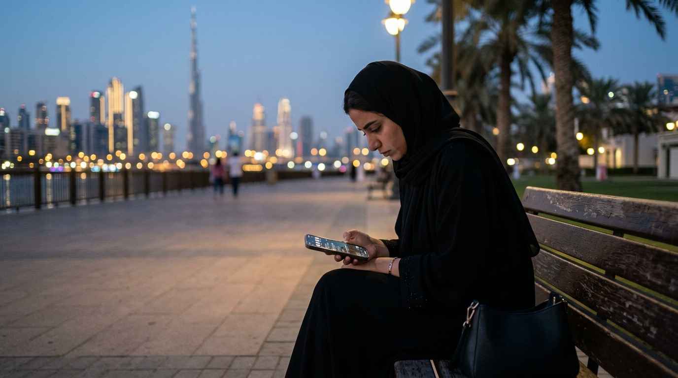 A female from UAE appears sad sitting on a bench using her phone