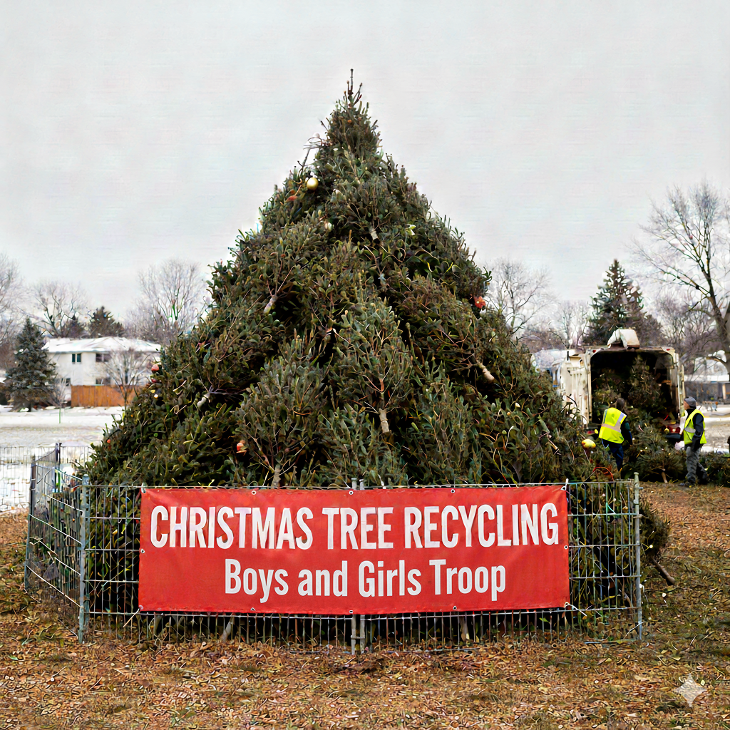 A pile of old Christmas trees ready for recycling.