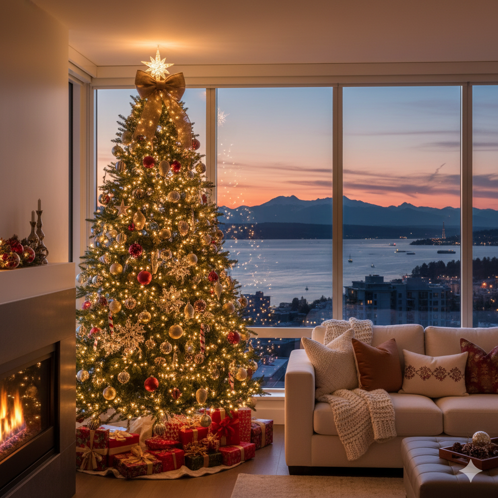 A beautifully decorated Christmas tree with lights in a cozy living room.