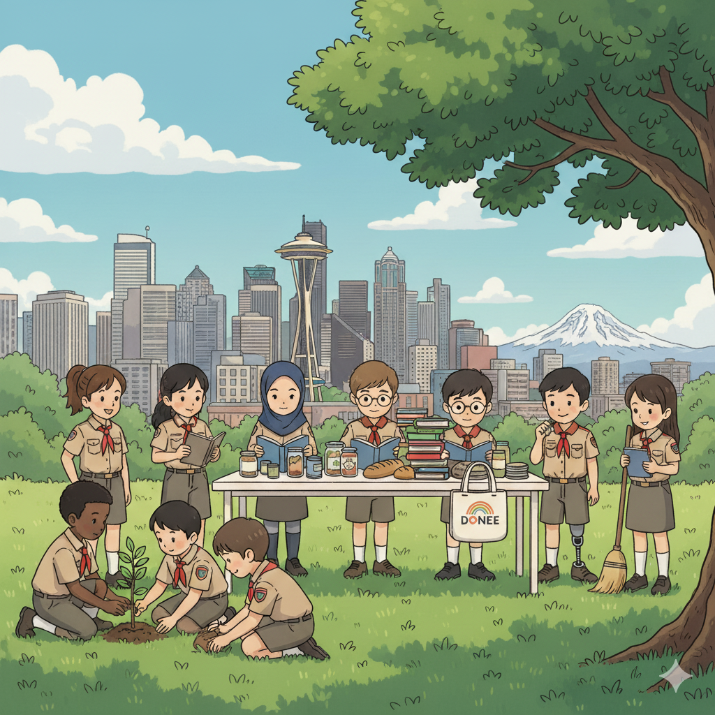 A diverse group of community members working together in a park, representing community service and collaboration.