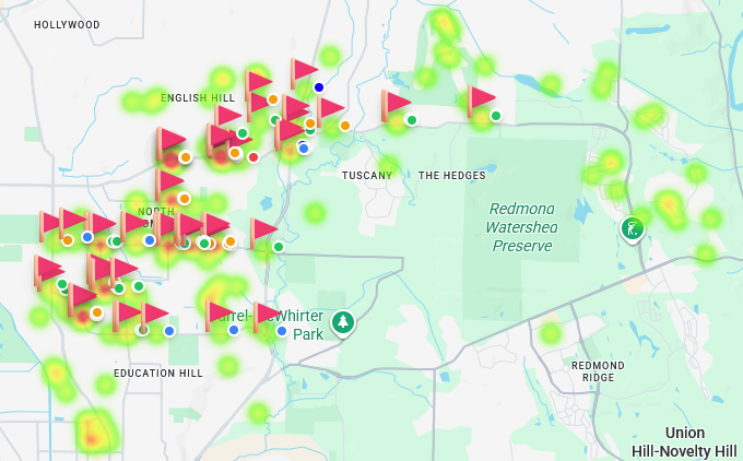 A heatmap showing clusters of activity for a Christmas Tree Drive versus Lawn Sign placements.