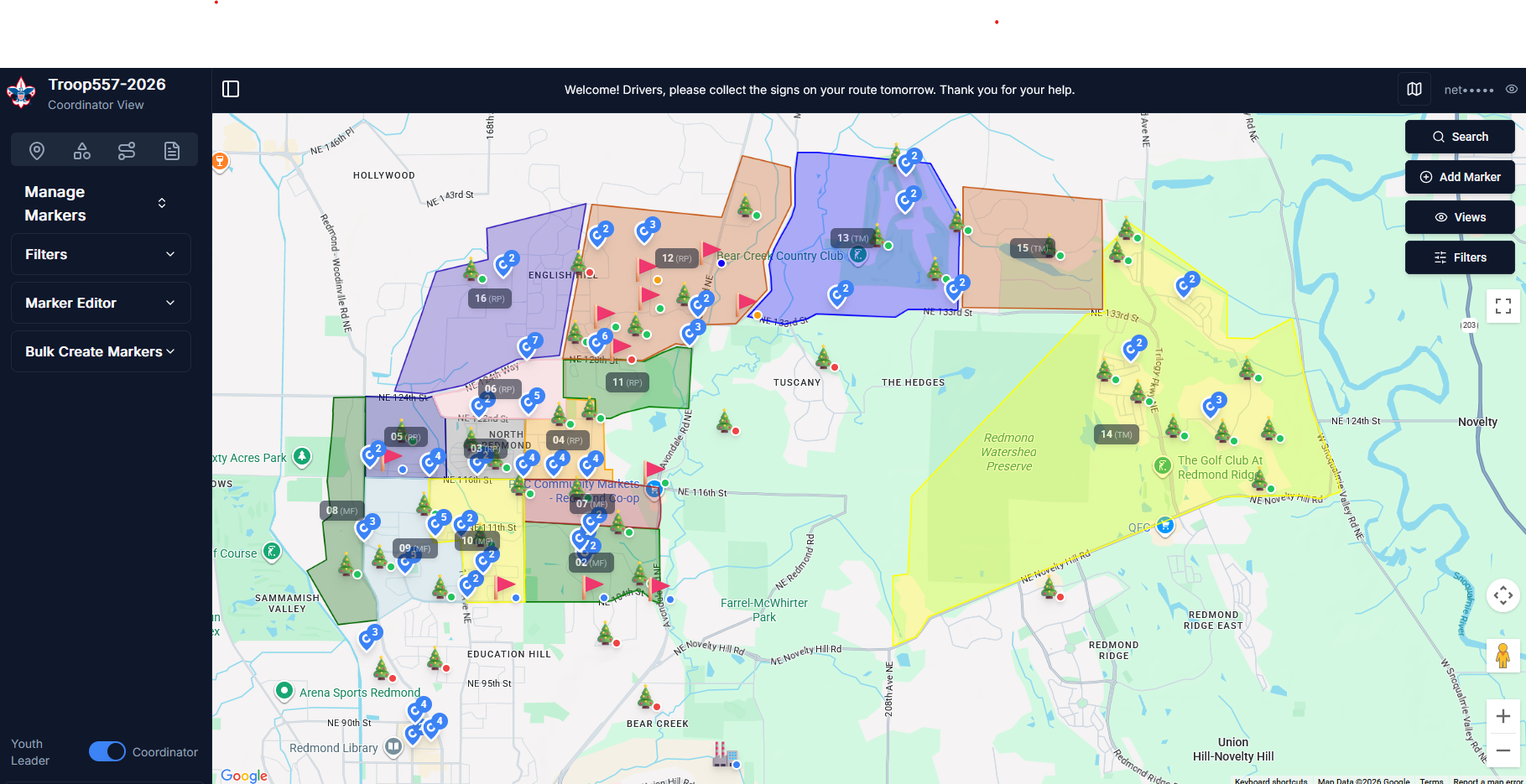 An administrator editing the properties of a custom region on the map, assigning a driver and scouts.
